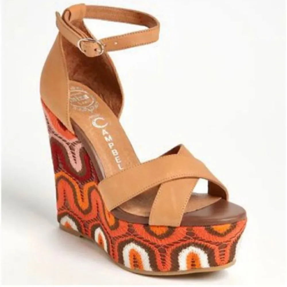 JEFFREY CAMPBELL BRADSHAW NUDE BOHO CHEVRON WOMEN'S WEDGE SANDAL 70s Size 8